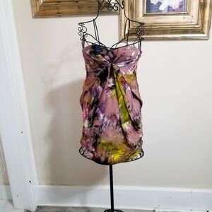 Vintage Y2K Matthew Williamson Floral Strapless Mixed Silk Mini Dress. Siza: 8.